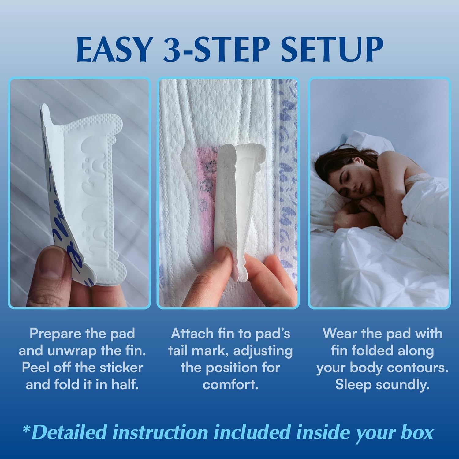MAMARISSA night pad easy 3-step setup instructions - prepare, attach fin, wear and sleep